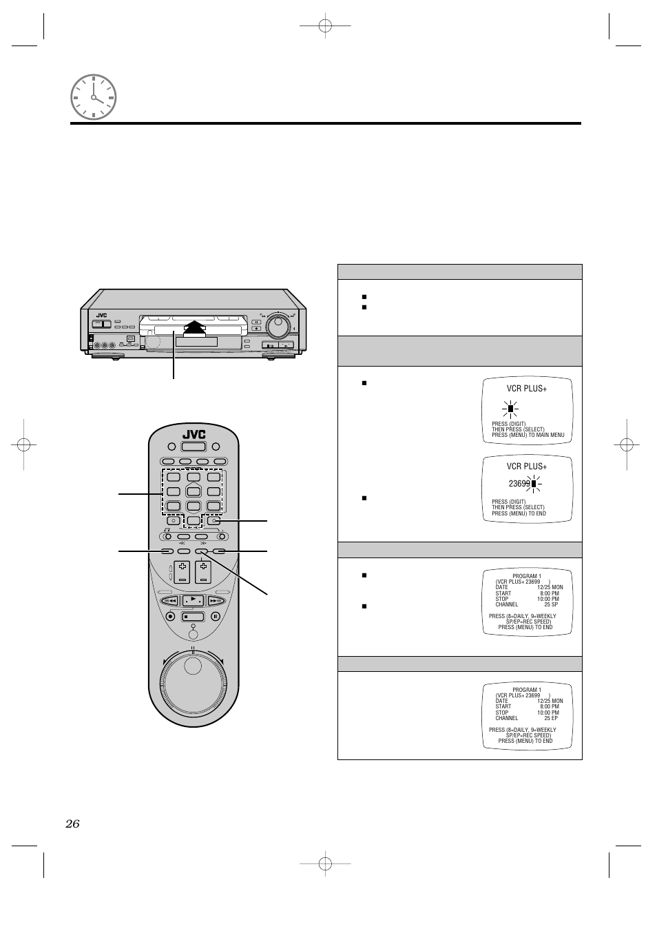 Timer-recording with vcr plus, Load a cassette, Input the tv program's code number | Check for correctness, Select the tape speed | JVC HR-IP820U User Manual | Page 26 / 80