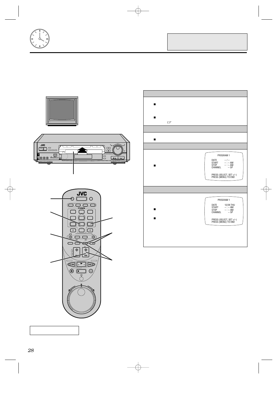 Timer-recording without vcr plus, Por instrucciones en español vea p. 40 – 41, Load a cassette | Access the on-screen menu, Select a program number, Input the date | JVC HR-IP820U User Manual | Page 28 / 80