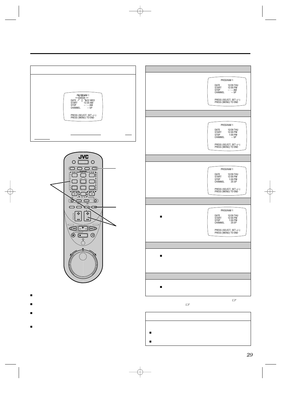 Error" warning, Input the start time, Input the stop time | Input the channel number, Set the tape speed, Return to the tv screen, Set to timer mode | JVC HR-IP820U User Manual | Page 29 / 80