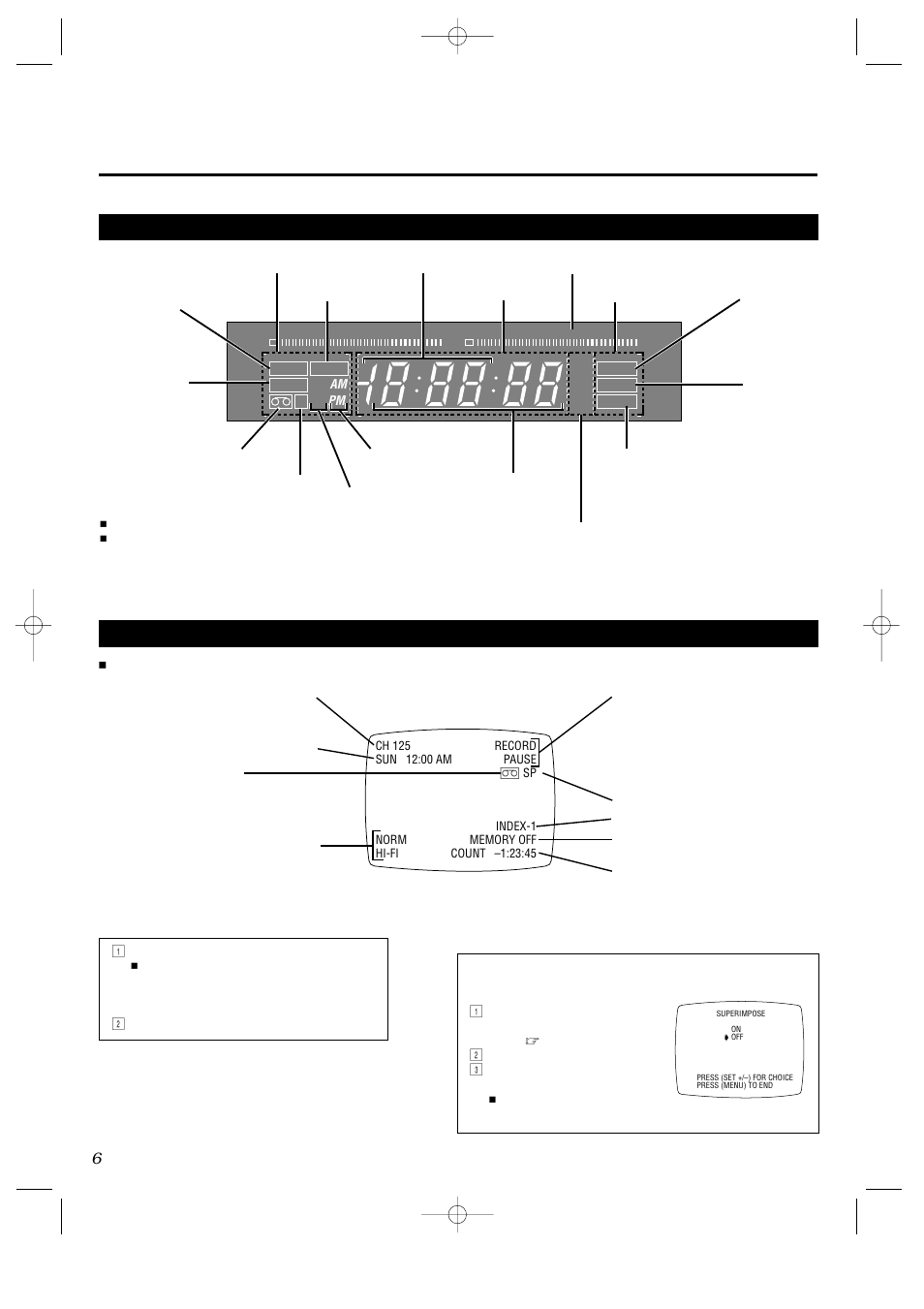 Getting to know your vcr (cont'd), Display panel, On-screen mode superimpose | JVC HR-IP820U User Manual | Page 6 / 80