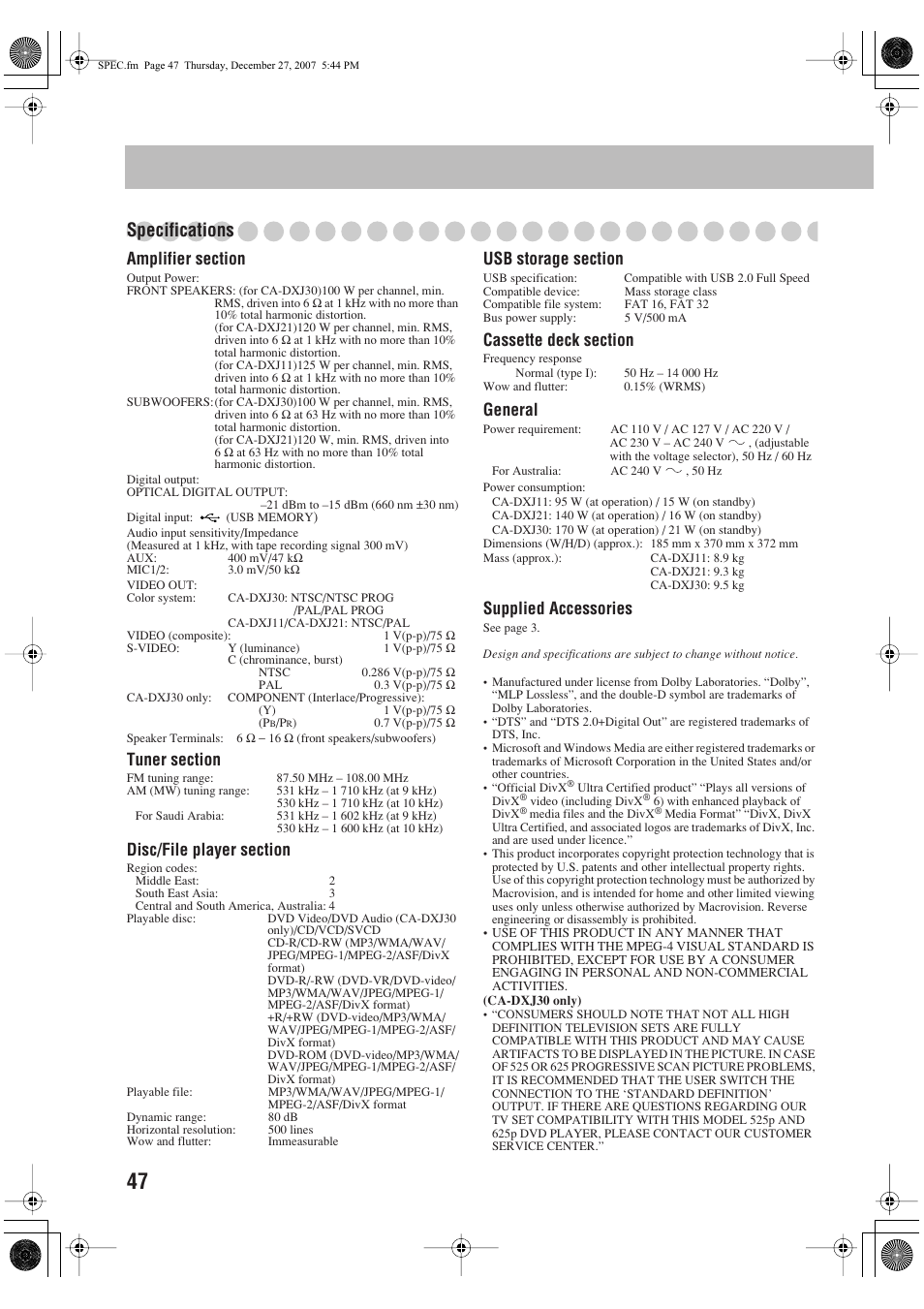 Specifications, General, Supplied accessories | JVC CA-DXJ11 User Manual | Page 102 / 160