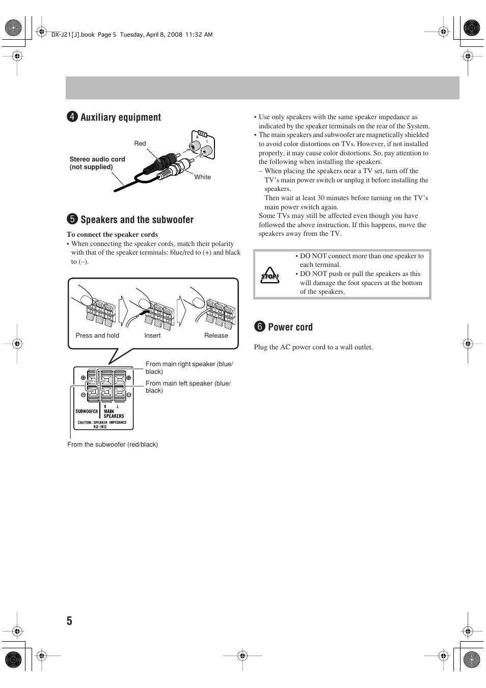 Auxiliary equipment, Speakers and the subwoofer, Power cord | JVC CA-DXJ11 User Manual | Page 114 / 160