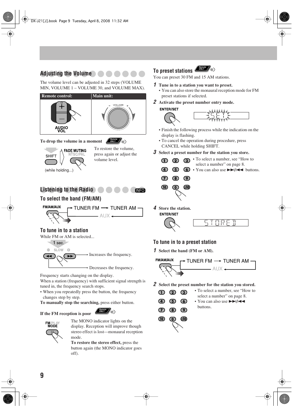 Adjusting the volume, Listening to the radio | JVC CA-DXJ11 User Manual | Page 118 / 160