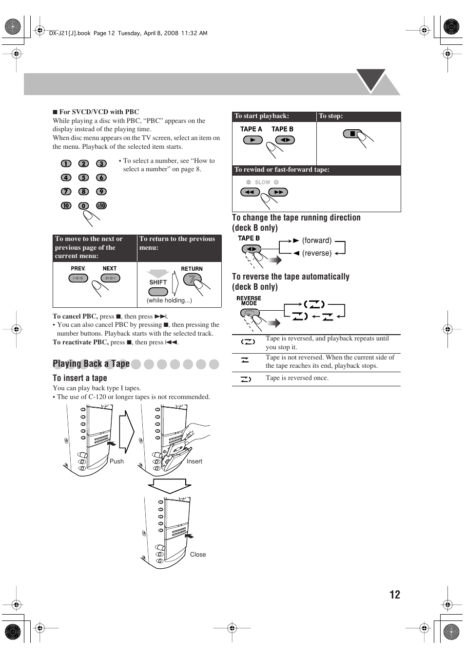 Playing back a tape | JVC CA-DXJ11 User Manual | Page 121 / 160