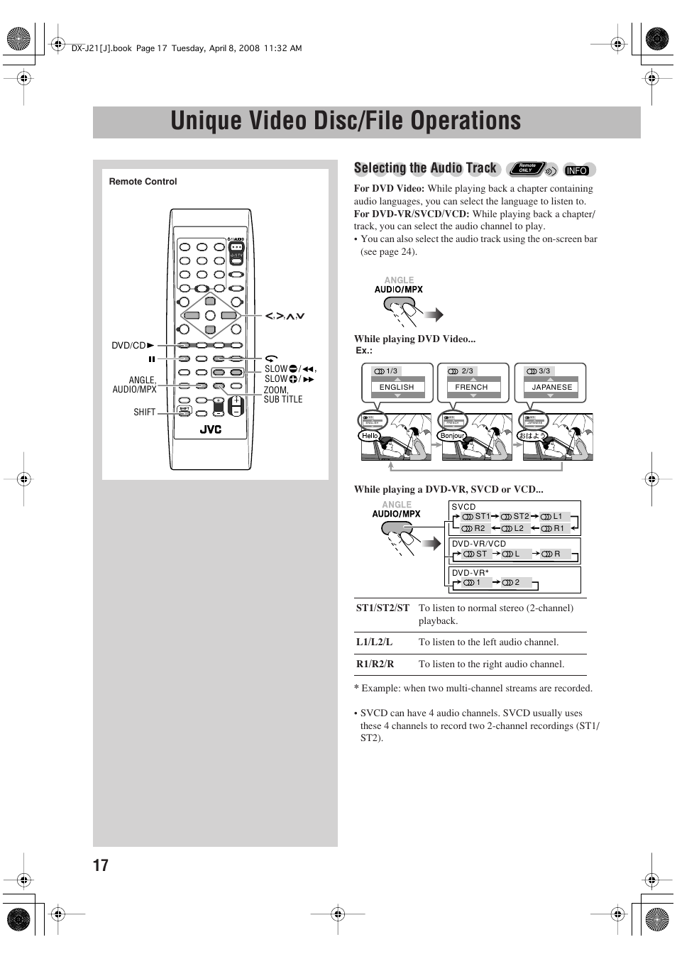 Unique video disc/file operations, Selecting the audio track | JVC CA-DXJ11 User Manual | Page 126 / 160