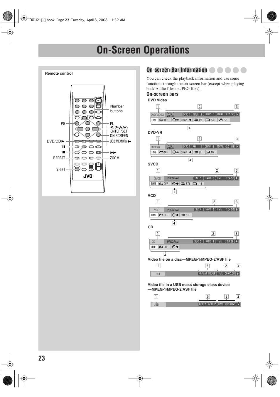 On-screen operations, On-screen bar information, On-screen bars | JVC CA-DXJ11 User Manual | Page 132 / 160