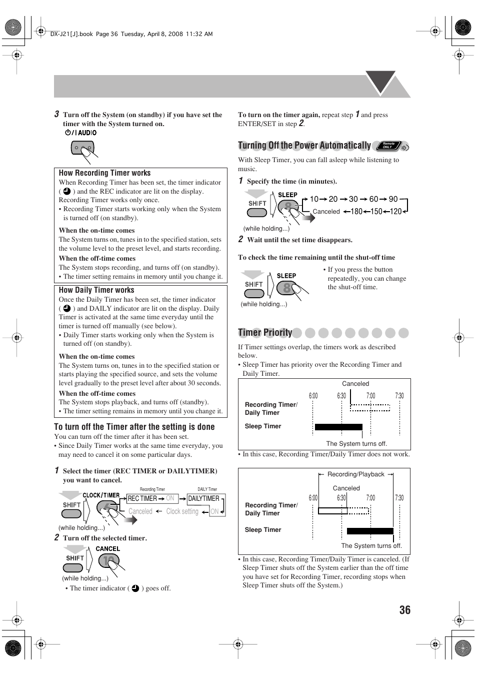 Turning off the power automatically, Timer priority | JVC CA-DXJ11 User Manual | Page 145 / 160