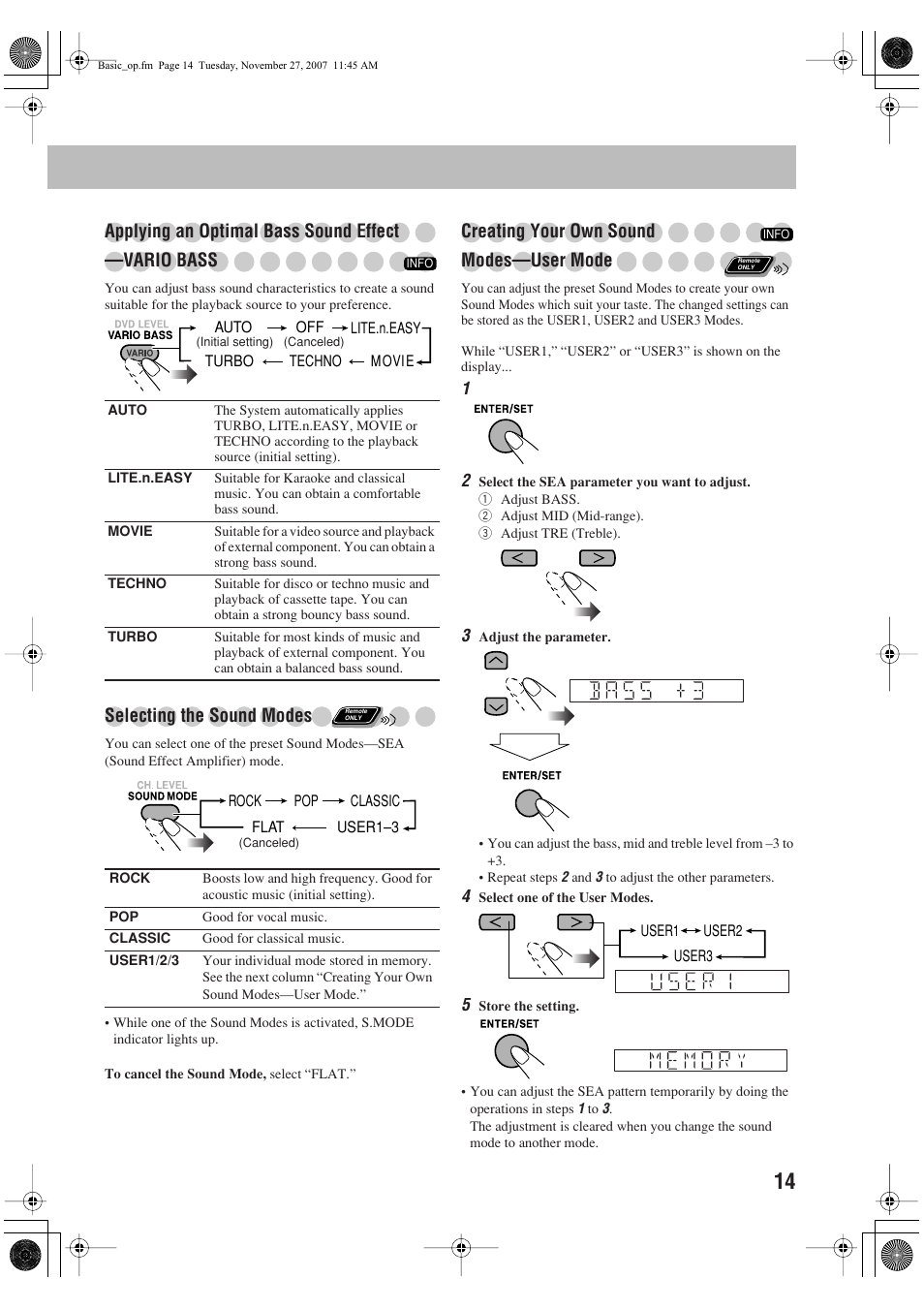 Applying an optimal bass sound effect —vario bass, Selecting the sound modes, Creating your own sound modes—user mode | JVC CA-DXJ11 User Manual | Page 17 / 160