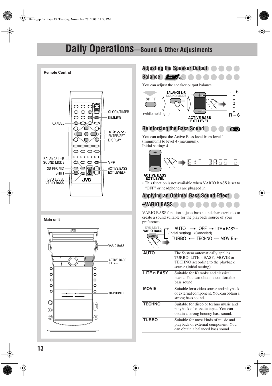 Daily operations —sound & other adjustments, Daily operations, Sound & other adjustments | Adjusting the speaker output balance, Reinforcing the bass sound, Applying an optimal bass sound effect –vario bass | JVC CA-DXJ11 User Manual | Page 68 / 160