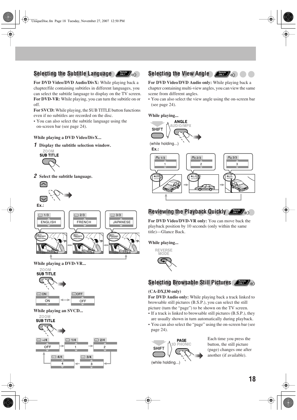 Selecting the subtitle language, Selecting the view angle, Reviewing the playback quickly | Selecting browsable still pictures | JVC CA-DXJ11 User Manual | Page 73 / 160