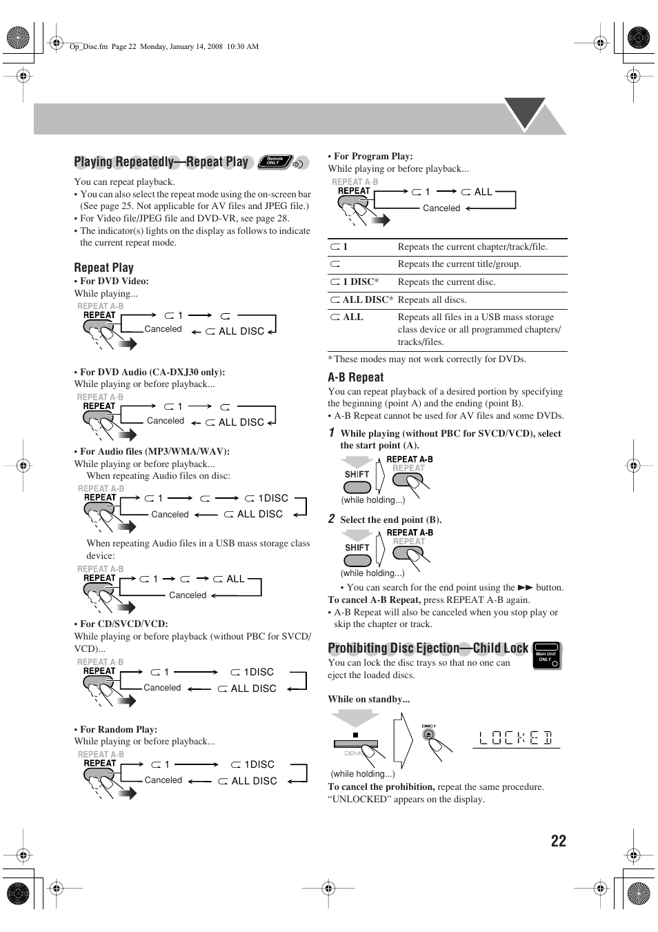 Playing repeatedly—repeat play, Prohibiting disc ejection—child lock | JVC CA-DXJ11 User Manual | Page 77 / 160