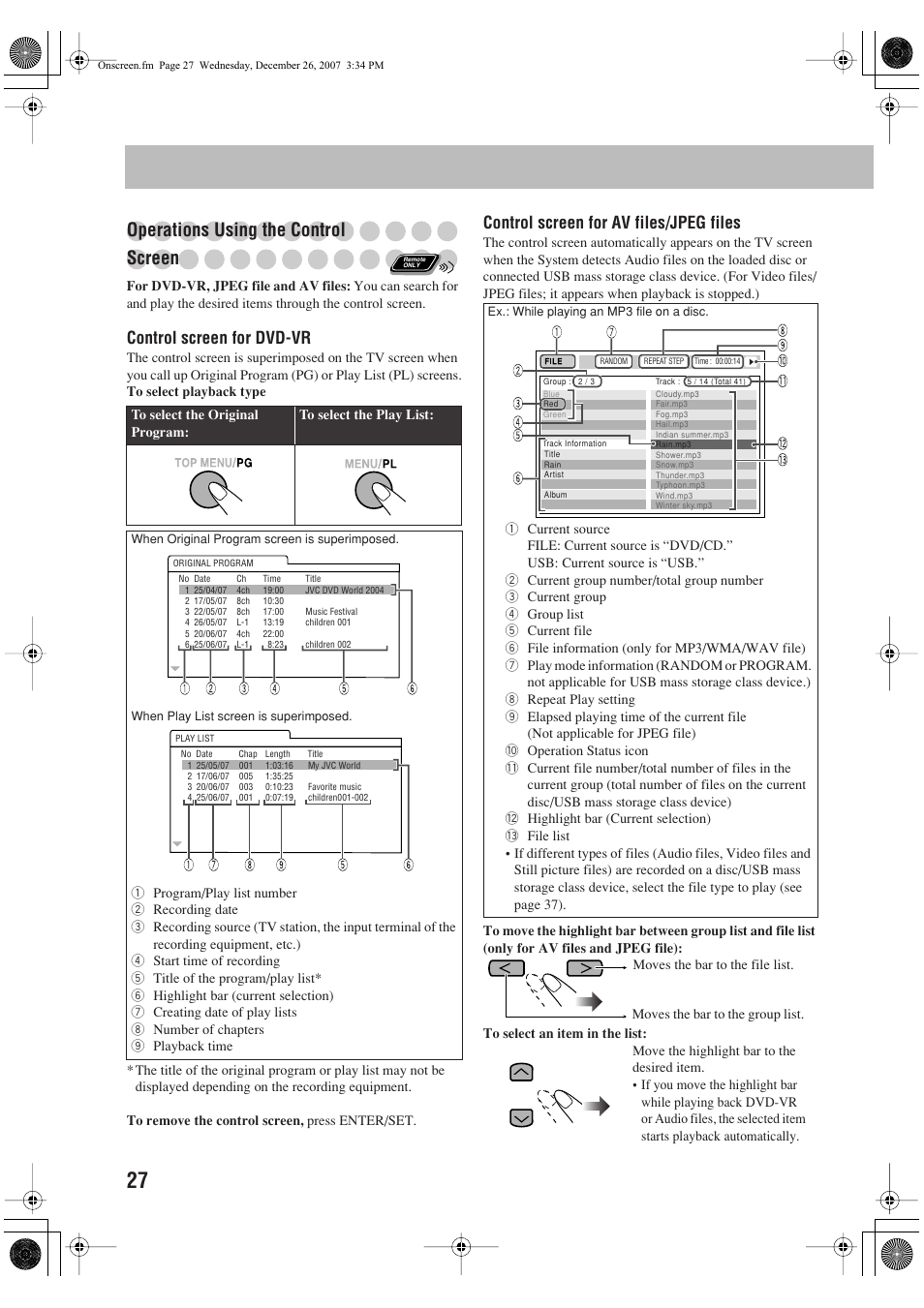 Operations using the control screen, Control screen for dvd-vr, Control screen for av files/jpeg files | JVC CA-DXJ11 User Manual | Page 82 / 160