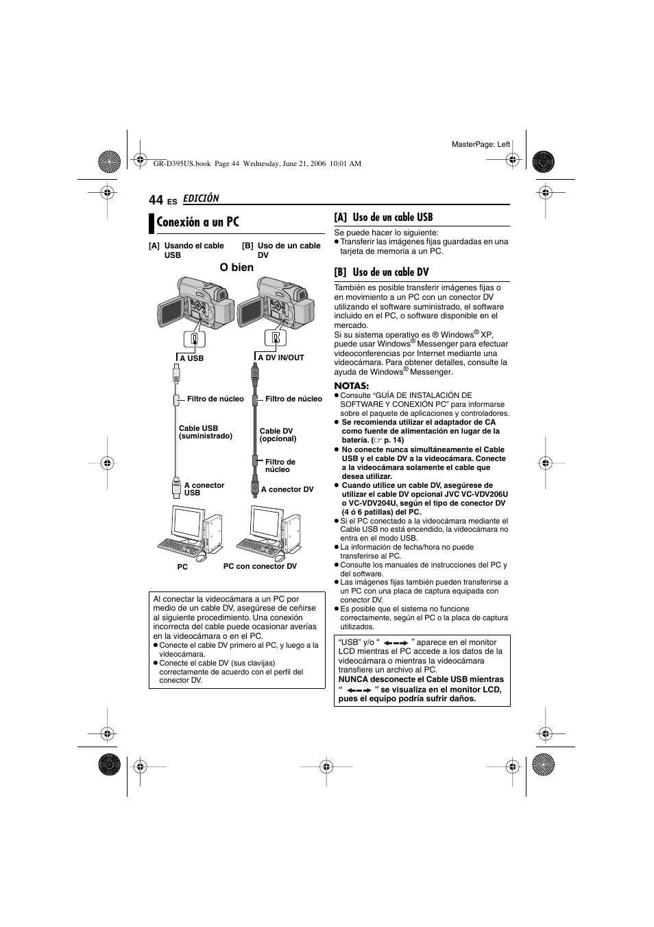 Conexión a un pc, P. 44), A] uso de un cable usb | B] uso de un cable dv, O bien | JVC GR-D395U User Manual | Page 100 / 112