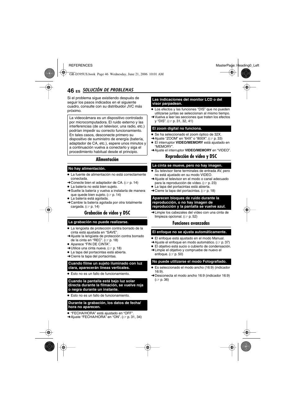 Solución de problemas, Troubleshooting -49, Alimentación | Grabación de vídeo y dsc, Reproducción de vídeo y dsc, Funciones avanzadas | JVC GR-D395U User Manual | Page 102 / 112