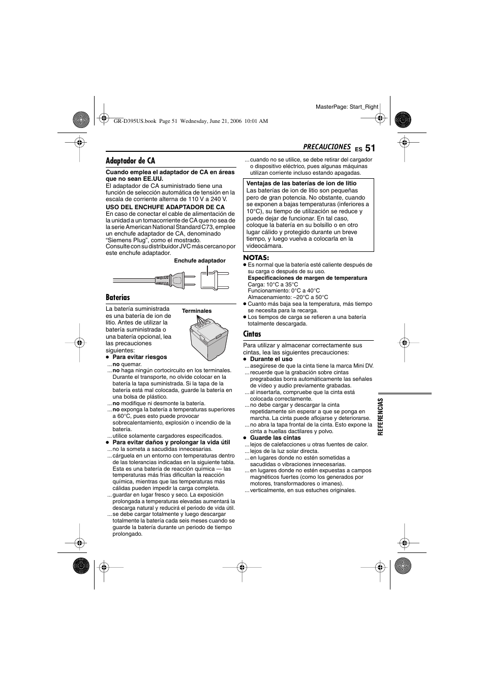 Precauciones, Adaptador de ca, Baterías | Cintas, Referencias, P. 51) | JVC GR-D395U User Manual | Page 107 / 112