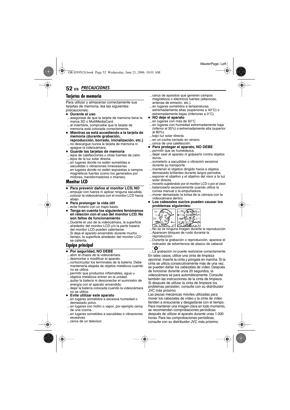 Tarjetas de memoria, Monitor lcd, Equipo principal | P. 52), Precauciones | JVC GR-D395U User Manual | Page 108 / 112