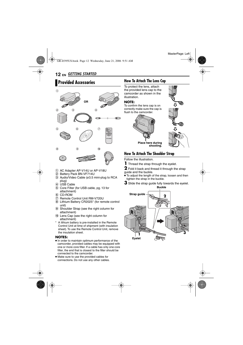 Provided accessories, How to attach the lens cap, How to attach the shoulder strap | Elet (੬ pg. 12) | JVC GR-D395U User Manual | Page 12 / 112