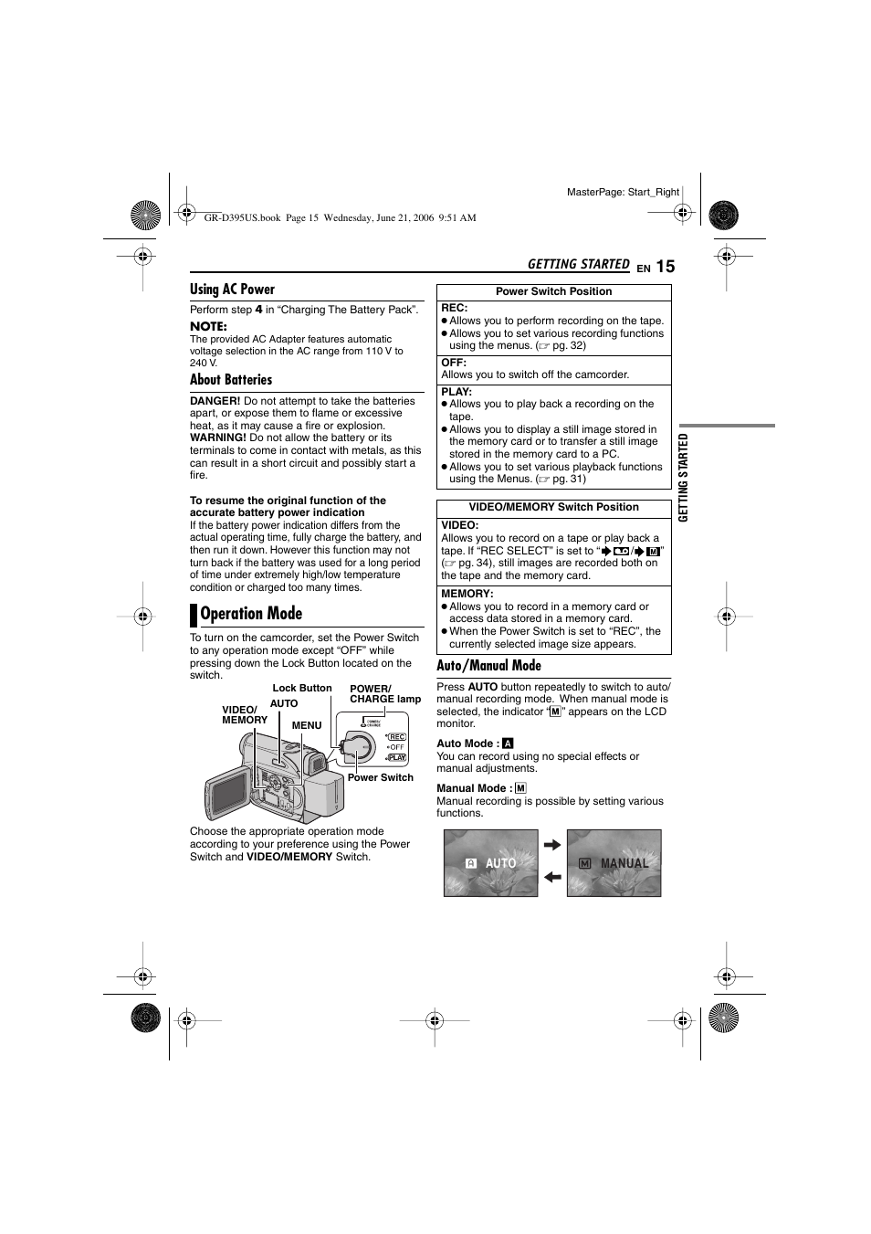 Using ac power, About batteries, Operation mode | Auto/manual mode, Y switch, Pg. 15), Y, off, K button, Ation mode | JVC GR-D395U User Manual | Page 15 / 112