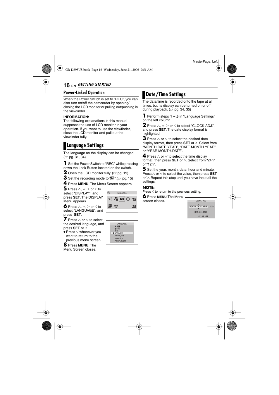 Power-linked operation, Language settings, Date/time settings | 16 date/time settings, Pg. 16), Set button [set, Date | JVC GR-D395U User Manual | Page 16 / 112