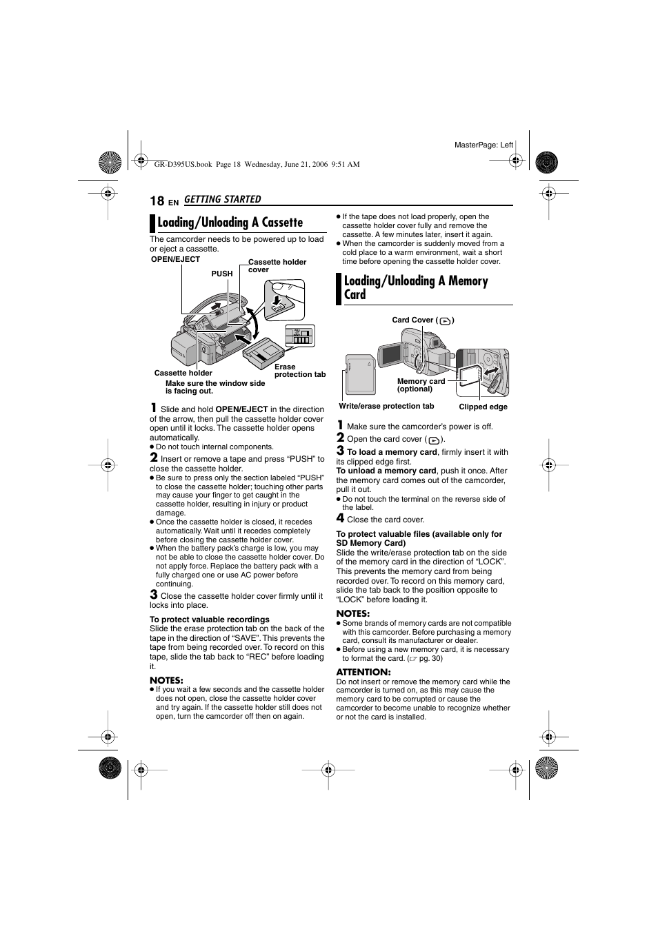 Loading/unloading a cassette, Loading/unloading a memory card, 18 loading/unloading a memory card | Pg. 18), Er (੬ pg. 18) | JVC GR-D395U User Manual | Page 18 / 112