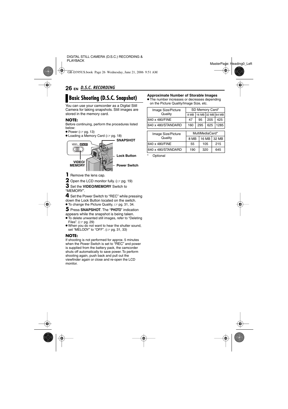 D.s.c. recording, Basic shooting (d.s.c. snapshot), Digital still camera (d.s.c.) recording | Playback, Pg. 26, 37), 640 (640 x 480), Pg. 26), Shooting icon, Card icon | JVC GR-D395U User Manual | Page 26 / 112