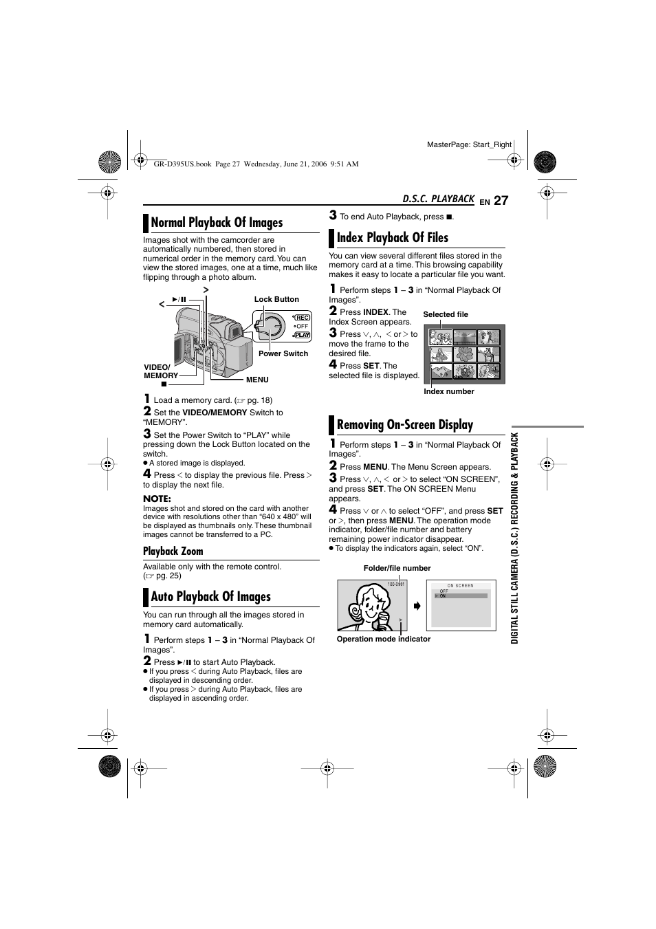 Normal playback of images, Playback zoom, Auto playback of images | Index playback of files, Removing on-screen display, D.s.c. playback, 27 auto playback of images, 27 index playback of files, 27 removing on-screen display, X button [index | JVC GR-D395U User Manual | Page 27 / 112