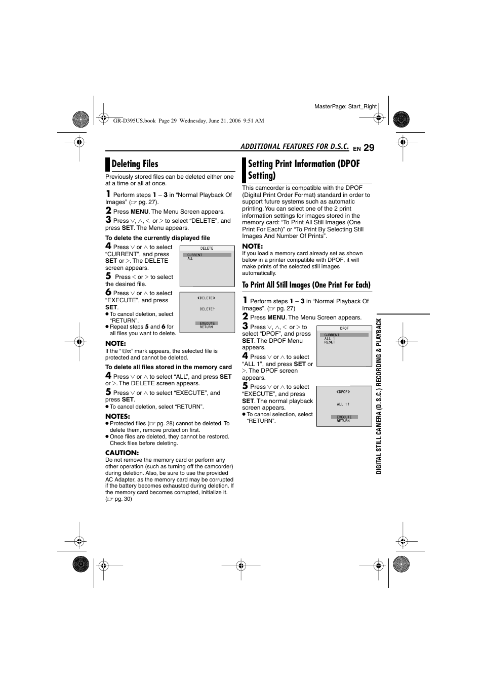 Deleting files, Setting print information (dpof setting), To print all still images (one print for each) | 29 setting print information (dpof setting), Er to “deleting files, Pg. 29) | JVC GR-D395U User Manual | Page 29 / 112