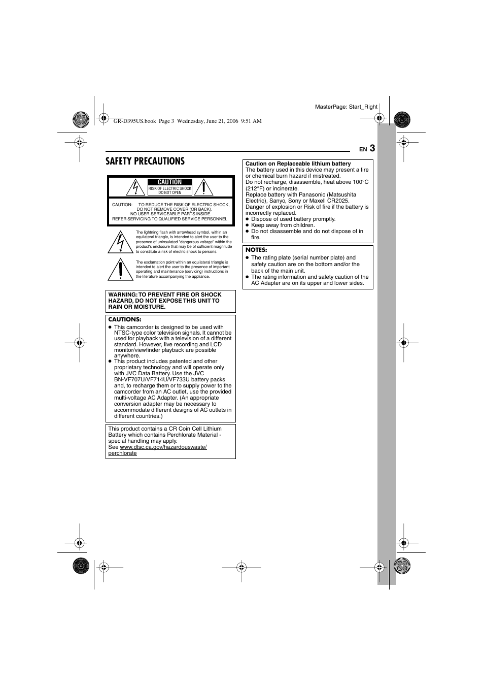 Safety precautions | JVC GR-D395U User Manual | Page 3 / 112