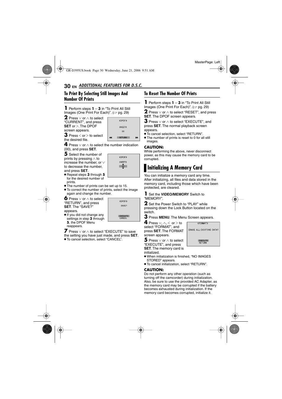 To reset the number of prints, Initializing a memory card, Pg. 30) | JVC GR-D395U User Manual | Page 30 / 112