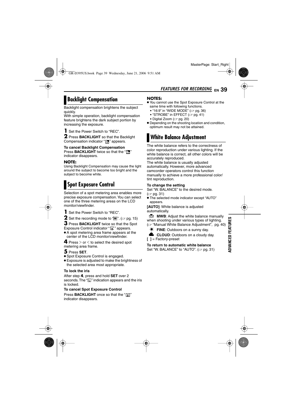 Backlight compensation, Spot exposure control, White balance adjustment | Pg. 39), Pg. 39, spot exposure, Control), 39 spot exposure control white balance adjustment, White balance indicator | JVC GR-D395U User Manual | Page 39 / 112