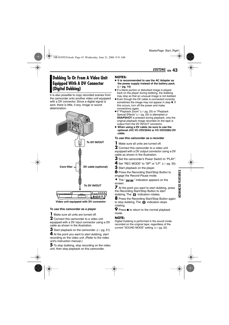 Dubbing to or from a video unit equipped with, A dv connector (digital dubbing), Pg. 43, 44) | JVC GR-D395U User Manual | Page 43 / 112