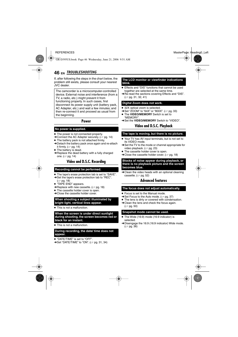 Troubleshooting, Power, Video and d.s.c. recording | Video and d.s.c. playback, Advanced features | JVC GR-D395U User Manual | Page 46 / 112