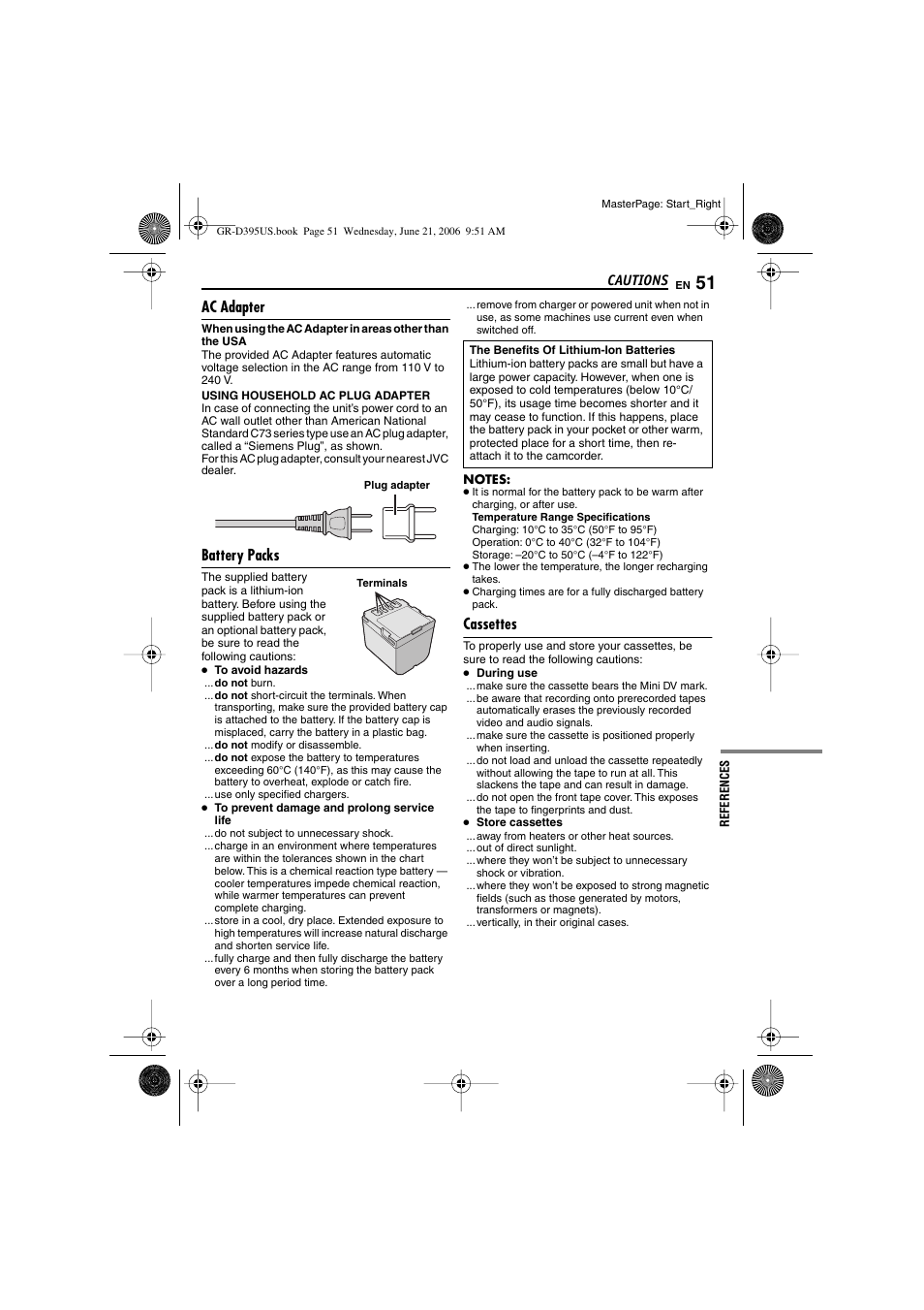 Cautions, Ac adapter, Battery packs | Cassettes, References, Pg. 51) | JVC GR-D395U User Manual | Page 51 / 112