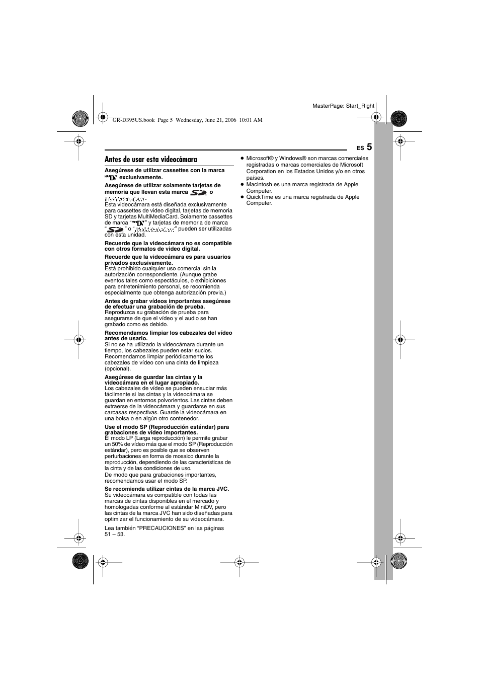 Antes de usar esta videocámara | JVC GR-D395U User Manual | Page 61 / 112