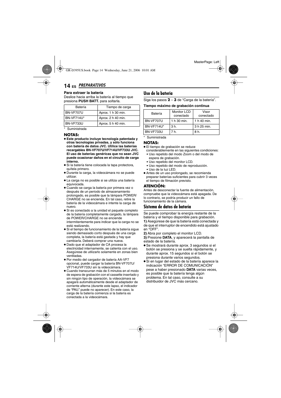 Uso de la batería, Sistema de datos de batería, P. 14) | Preparativos | JVC GR-D395U User Manual | Page 70 / 112