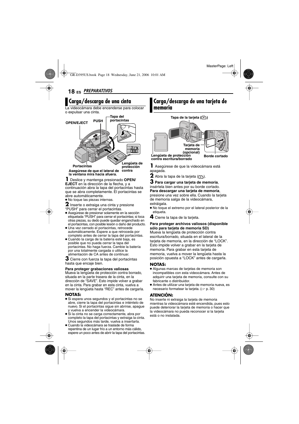 Carga/descarga de una cinta, Carga/descarga de una tarjeta de memoria, 18 carga/descarga de una tarjeta de memoria | Open/eject, P. 18), Tacintas (੬ p. 18) | JVC GR-D395U User Manual | Page 74 / 112