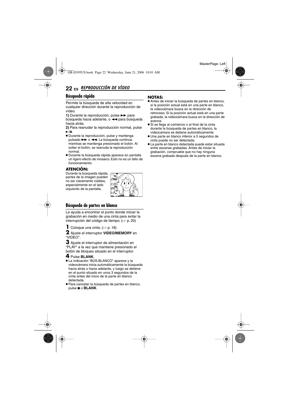 Búsqueda rápida, Búsqueda de partes en blanco, 22 búsqueda de partes en blanco | P. 22), Lanco, P. 22) par | JVC GR-D395U User Manual | Page 78 / 112