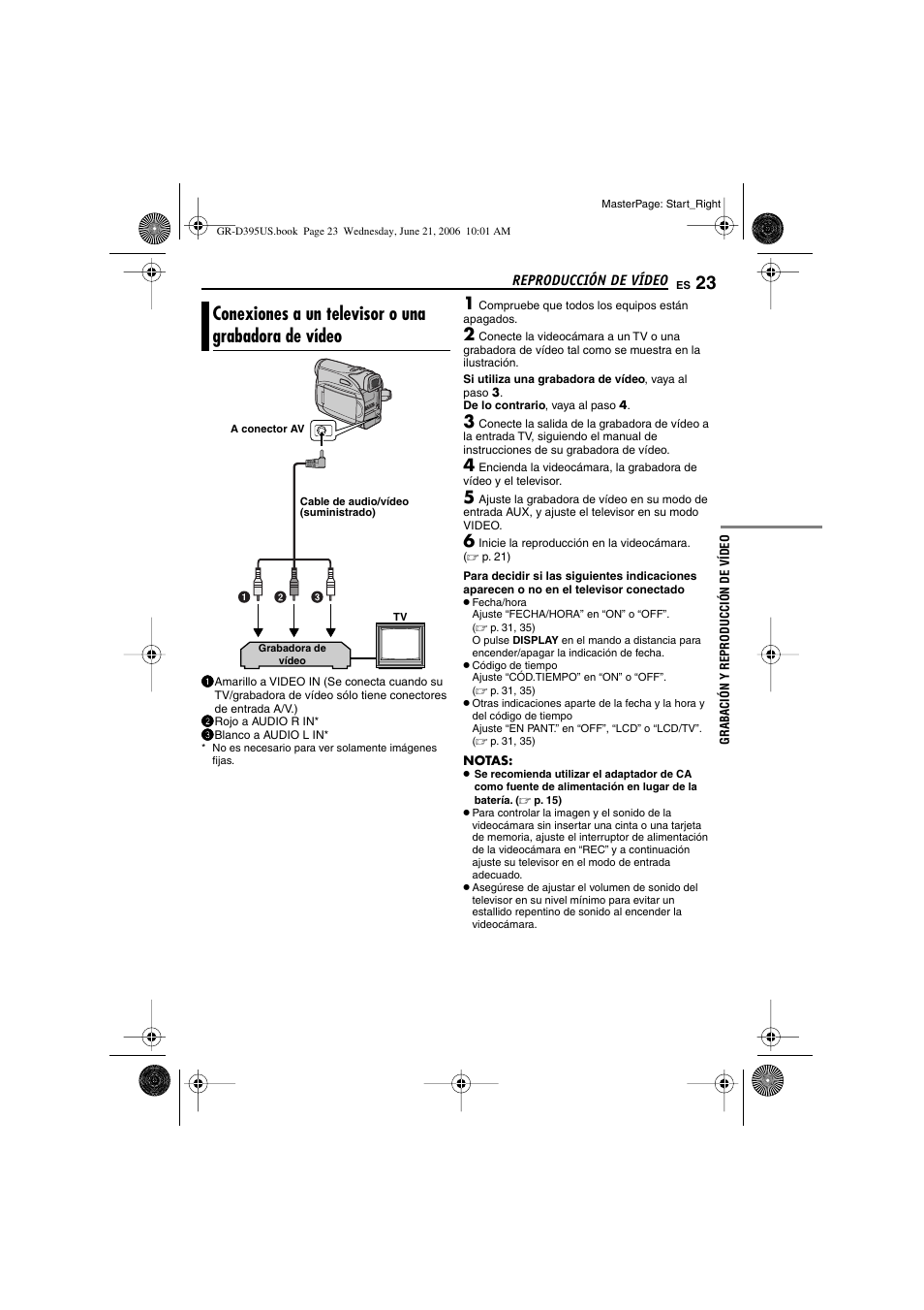 Conexiones a un televisor o una grabadora de vídeo, Grabación y reproducción de vídeo, Conexiones a un televisor o una grabadora de | Vídeo, P. 23, 42), P. 23) | JVC GR-D395U User Manual | Page 79 / 112