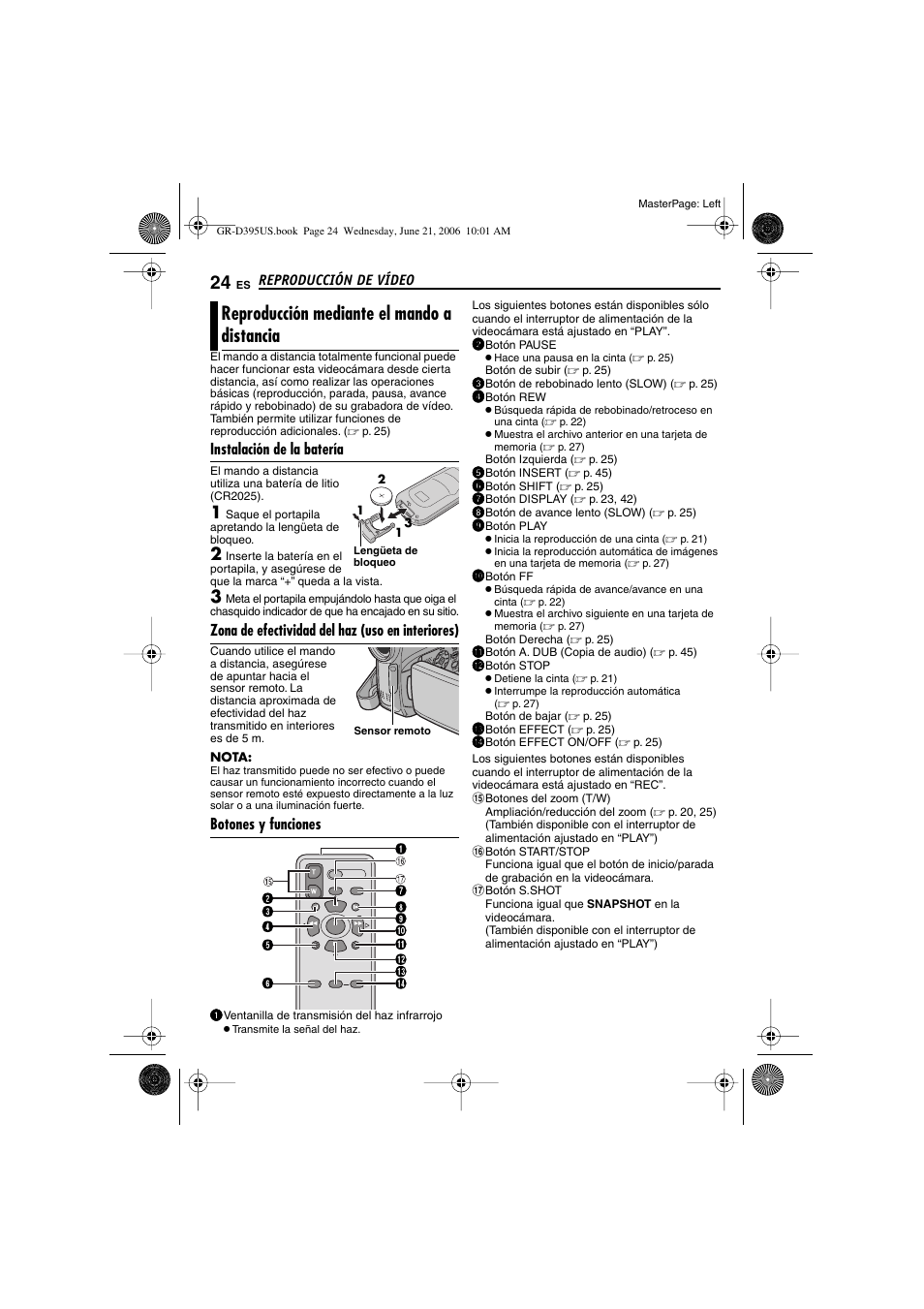 Reproducción mediante el mando a distancia, Instalación de la batería, Zona de efectividad del haz (uso en interiores) | Botones y funciones | JVC GR-D395U User Manual | Page 80 / 112