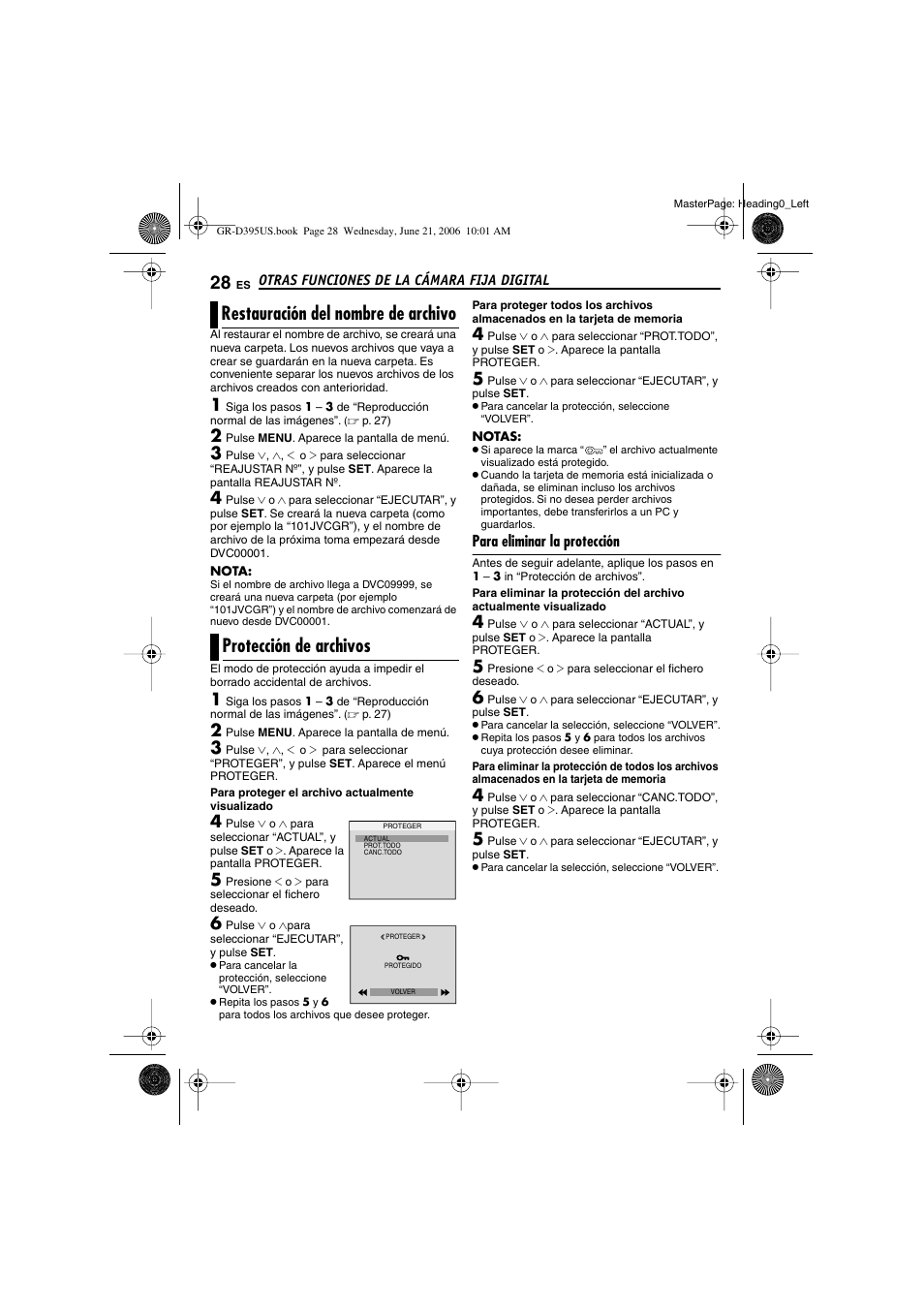 Otras funciones de la cámara fija digital, Restauración del nombre de archivo, Protección de archivos | Para eliminar la protección, 28 protección de archivos | JVC GR-D395U User Manual | Page 84 / 112