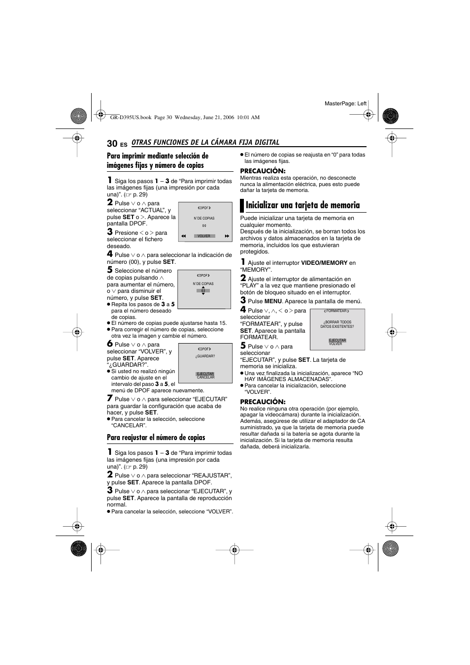 Para reajustar el número de copias, Inicializar una tarjeta de memoria, P. 30) | JVC GR-D395U User Manual | Page 86 / 112