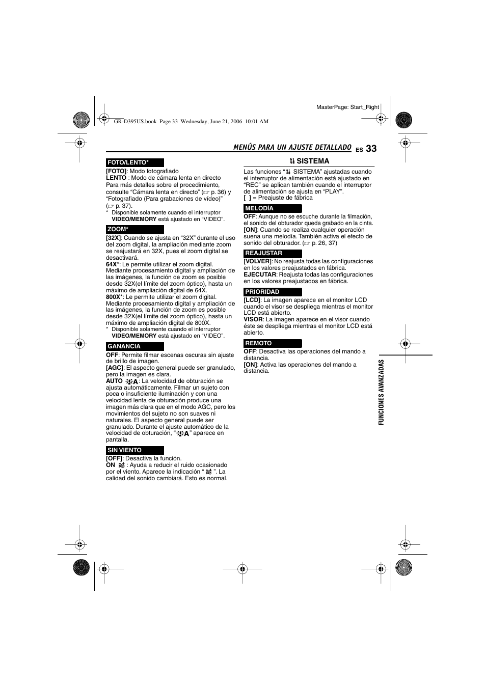 Modo de ganancia de luz, P. 33), Indicador de reducción de viento | JVC GR-D395U User Manual | Page 89 / 112