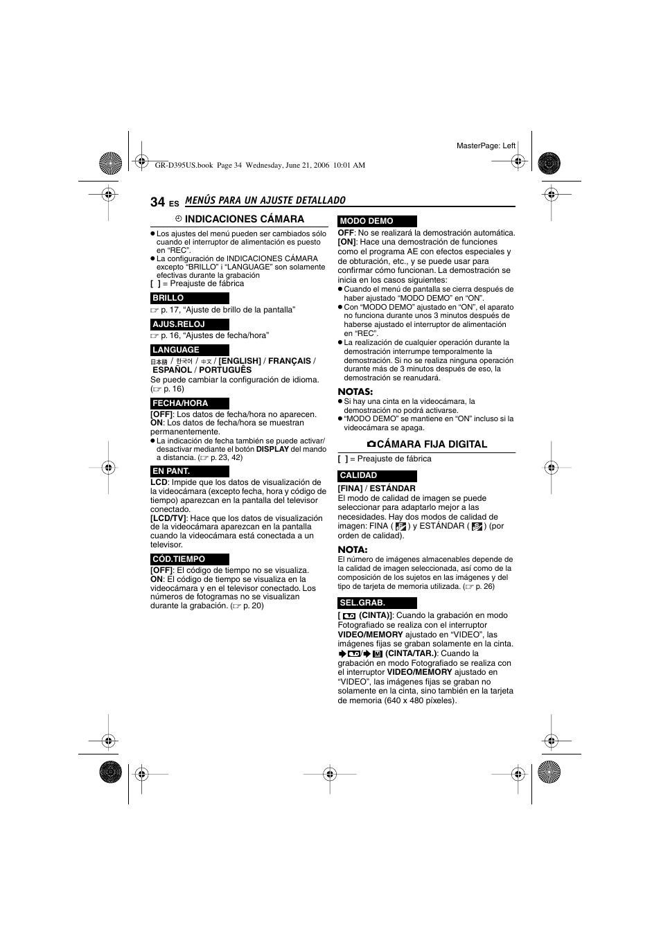 P. 34), Código de tiempo, P. 34, 35) | Ar) (por orden de calidad), P. 34), las imágenes fijas se | JVC GR-D395U User Manual | Page 90 / 112