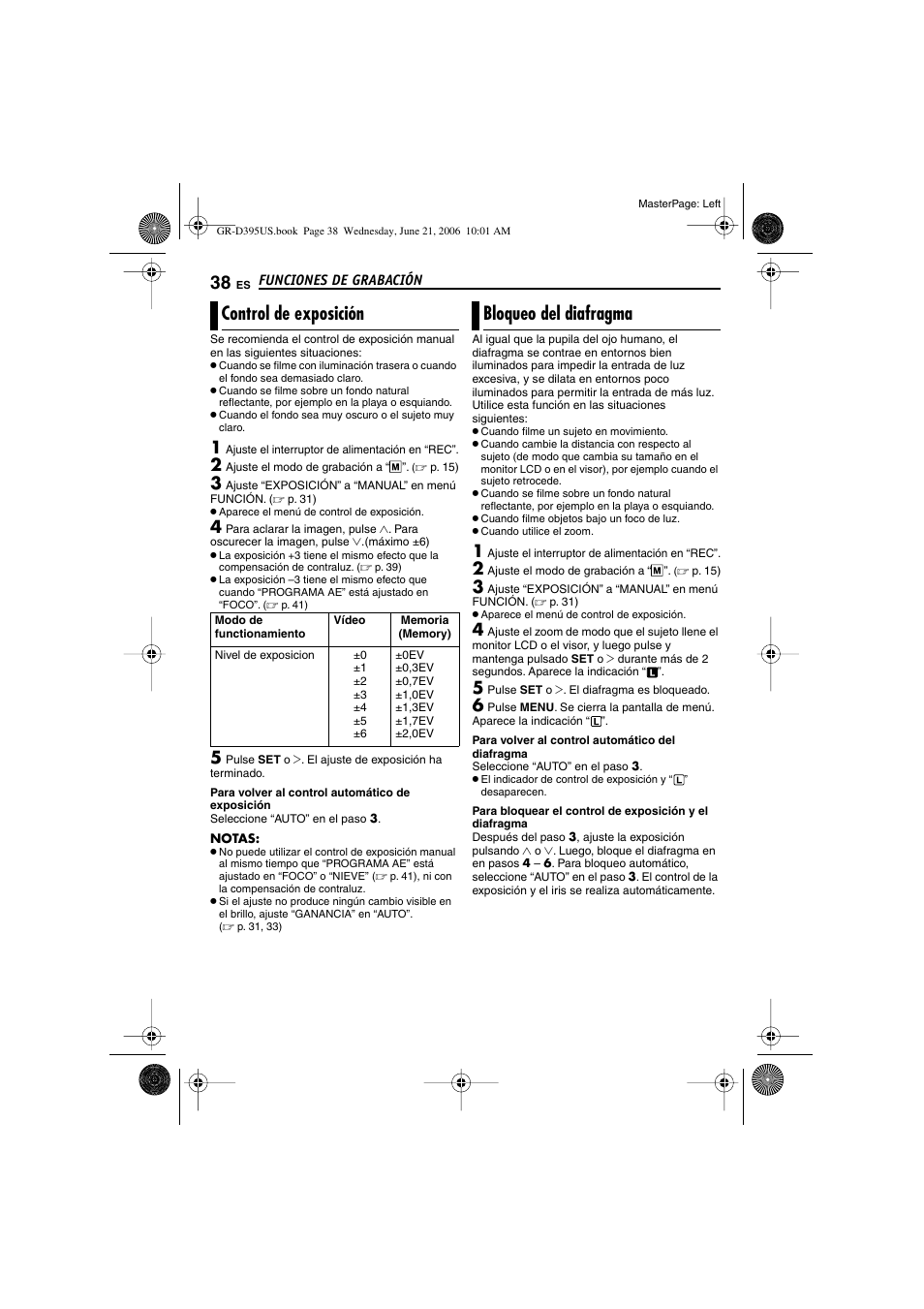 Control de exposición, Bloqueo del diafragma, 38 bloqueo del diafragma | Xposición, P. 38), Agma, P. 38), “control de exposición | JVC GR-D395U User Manual | Page 94 / 112