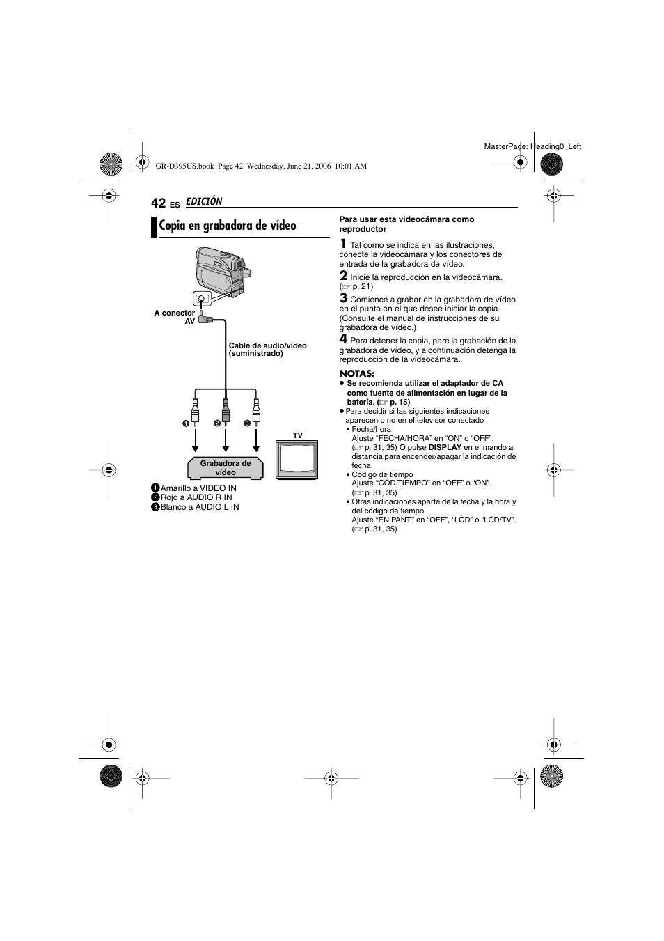 Edición, Copia en grabadora de vídeo, P. 42, 43) | JVC GR-D395U User Manual | Page 98 / 112