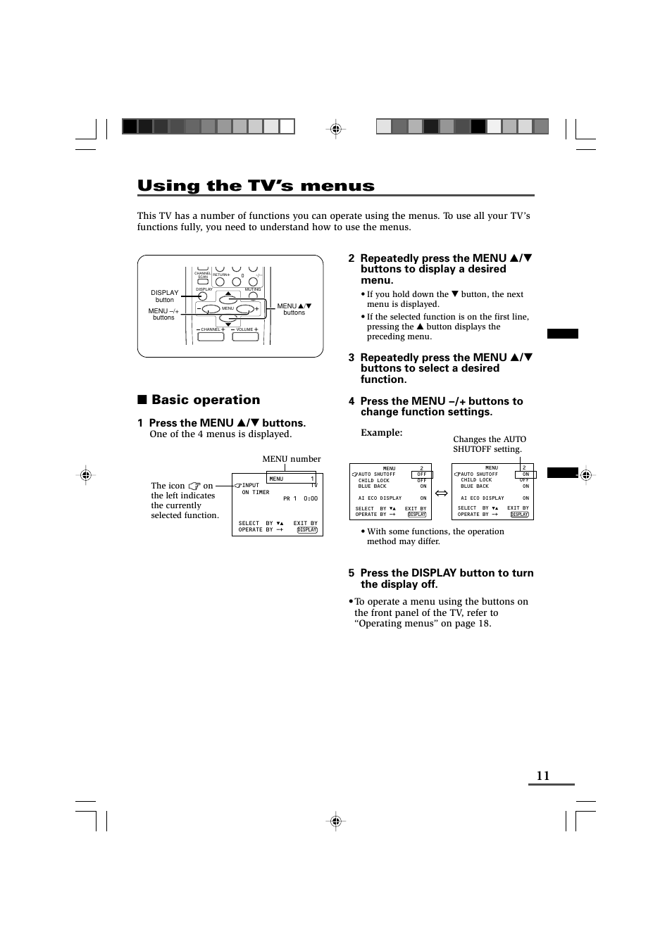 Using the tv’s menus, Basic operation, 1 press the menu t buttons | 5 press the display button to turn the display off | JVC AV-14F43 User Manual | Page 11 / 20