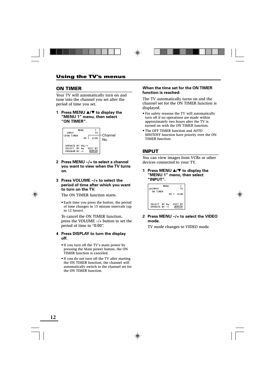 Input, On timer | JVC AV-14F43 User Manual | Page 12 / 20