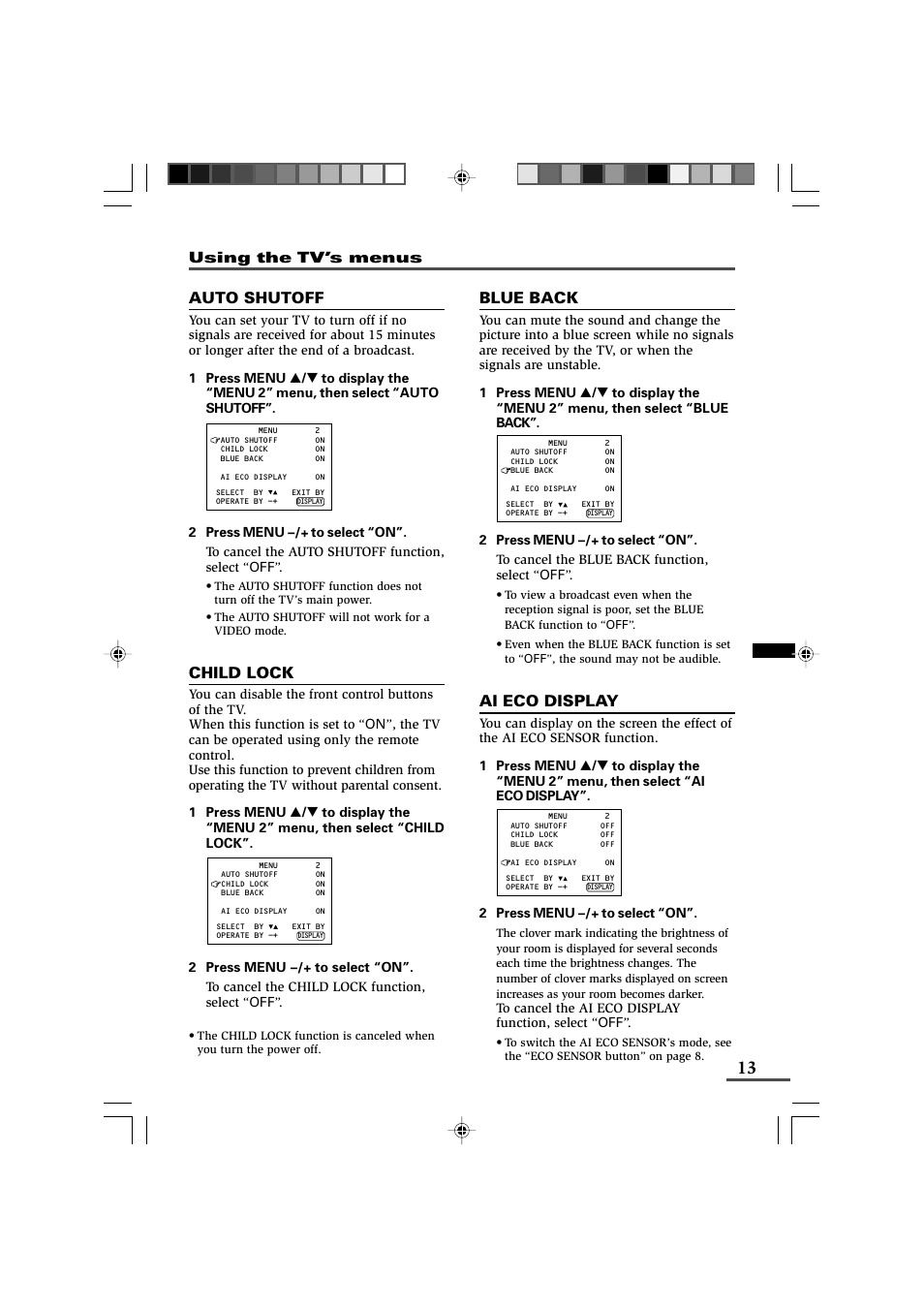 Auto shutoff, Child lock, Blue back | Ai eco display | JVC AV-14F43 User Manual | Page 13 / 20