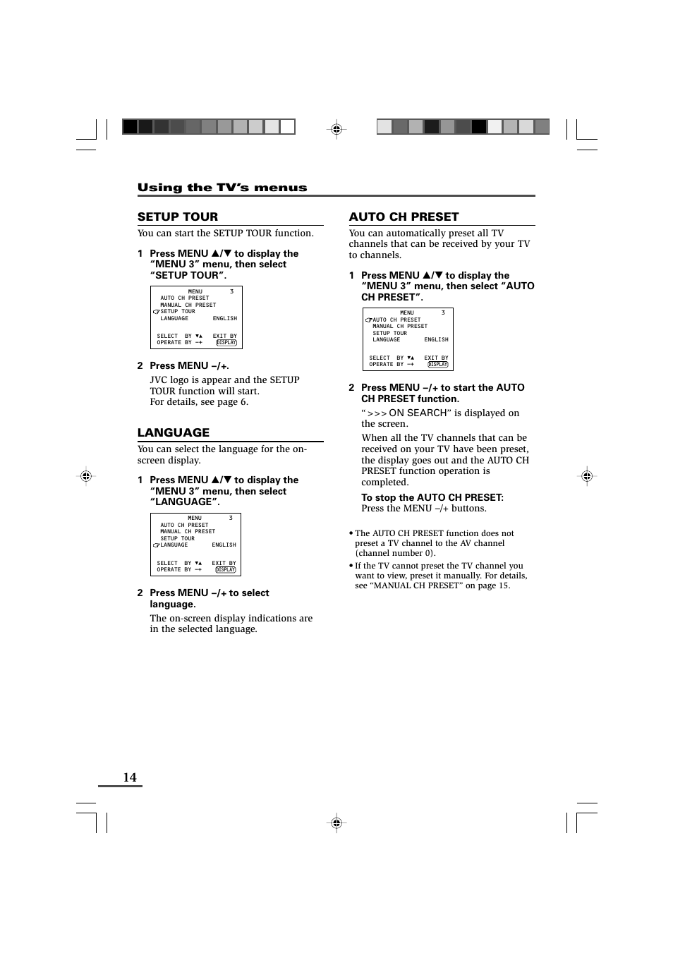 Setup tour, Language, Auto ch preset | JVC AV-14F43 User Manual | Page 14 / 20