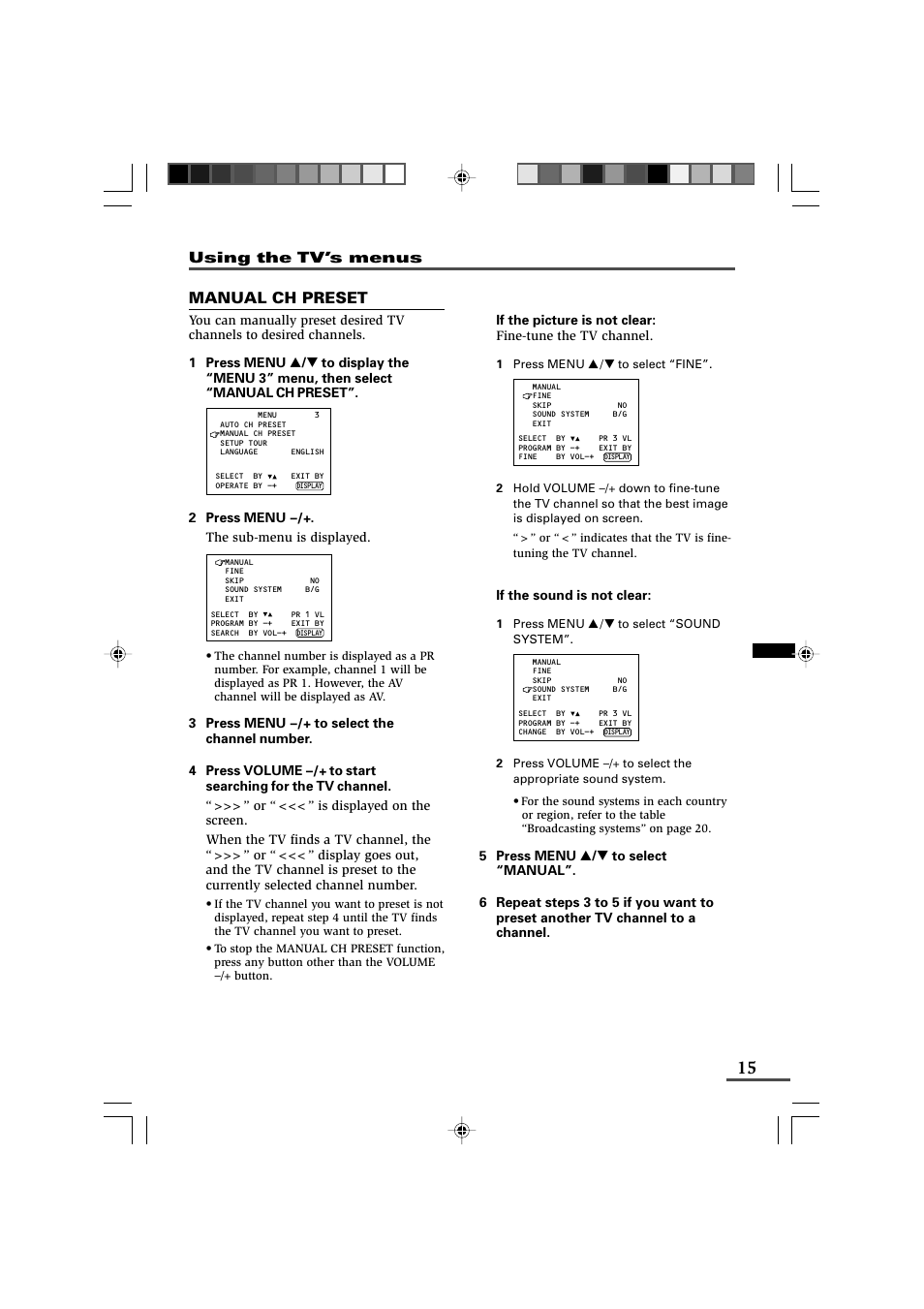Manual ch preset | JVC AV-14F43 User Manual | Page 15 / 20